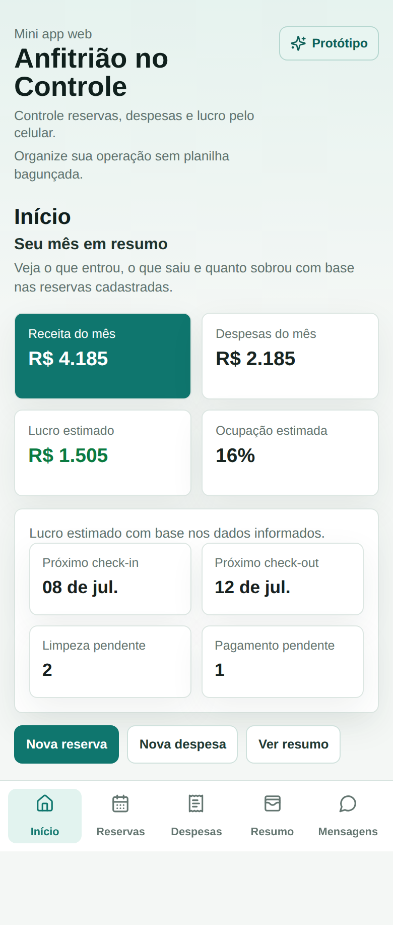 Tela inicial do painel Anfitrião no Controle no celular